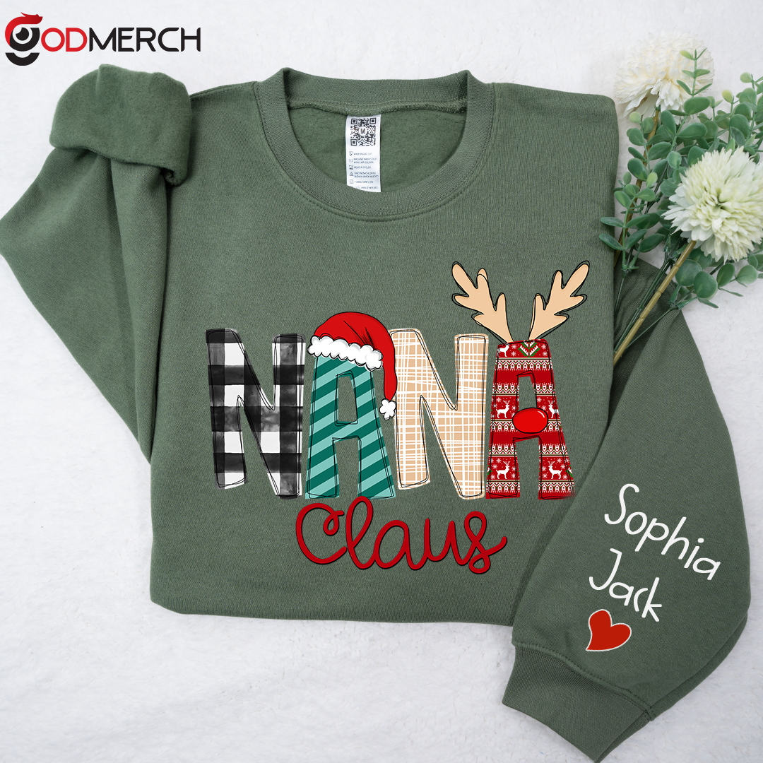 Nana Claus Sweatshirt, 2023 Christmas Nana Sweatshirt, Custom Grandma Claus Christmas Sweatshirt