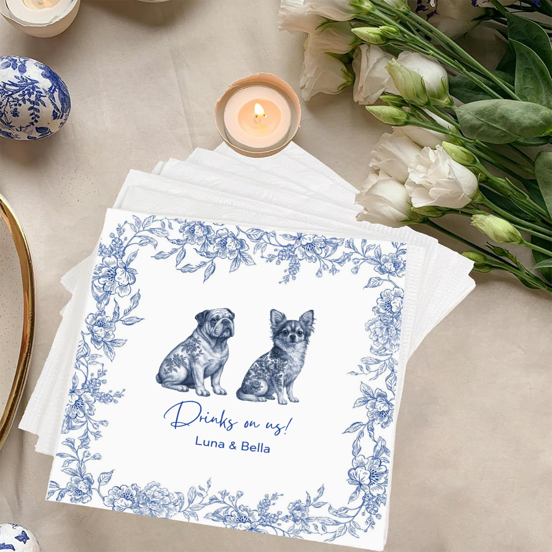 Custom Dog-Themed Napkins with Names – Blue Floral Cocktail Napkins for Weddings & Parties Napkinds