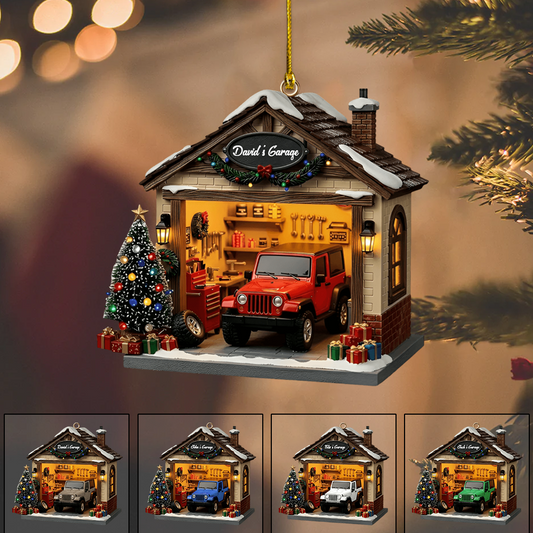 Personalized Garage Ornament – Custom Name Jeep Garage Christmas Decoration, Perfect Gift for Car Lovers Ornament