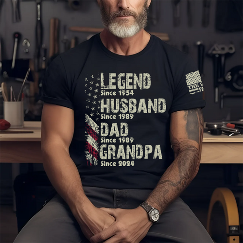 Legend Husband Dad Grandpa Shirt, Personalized Christmas Gift for Grandpa 2025, Custom Family Year Shirt for Dad Husband, Vintage American Flag Tee for Men