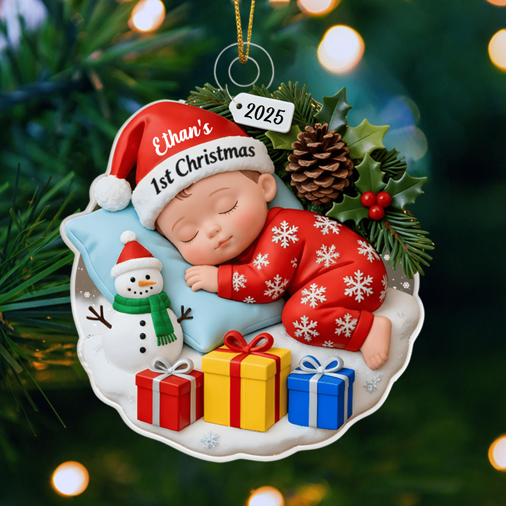 Personalized Baby’s First Christmas Ornament 2025 – Custom Name Sleeping Baby Decoration for Newborns and Parents Ornament