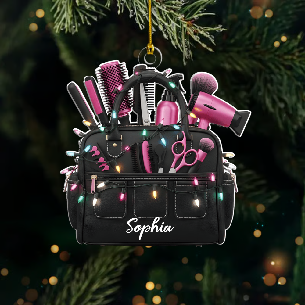Personalized Hair Stylist Ornament – Custom Name Hair Tools Bag Christmas Decoration for Stylists Ornament