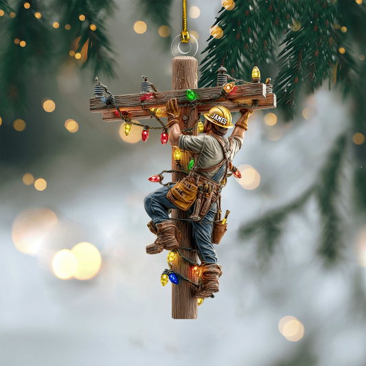 Personalized Lineman Ornament 2025 – Custom Name Electrician Climbing Pole Christmas Ornament Gift for Lineman Ornament