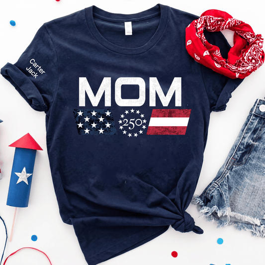 Personalized Mom America's 250th Anniversary Shirt, Custom Kids Names Sleeve Tee, Patriotic USA 1776-2026 Independence Day Gift