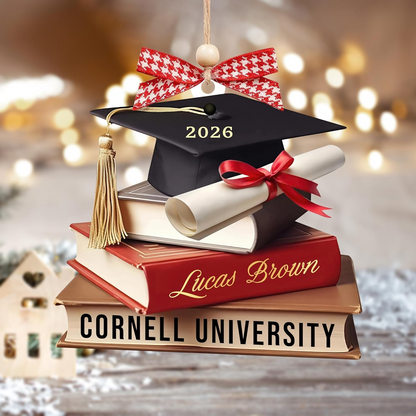 Personalized Graduation Ornament 2026 – Custom Name & University Cap and Books Christmas Decoration Ornament