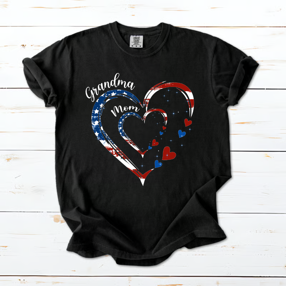 Personalized Grandma Mom American Flag Heart Shirt - Custom Kid Names