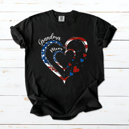 Personalized Grandma Mom American Flag Heart Shirt - Custom Kid Names
