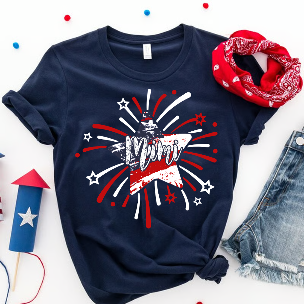 Personalized Mimi 4th of July Shirt, Custom Grandmother Name Patriotic T-Shirt, Independence Day Gift for Mimi, USA Fireworks Family Tee