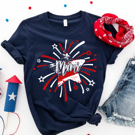 Personalized Mimi 4th of July Shirt, Custom Grandmother Name Patriotic T-Shirt, Independence Day Gift for Mimi, USA Fireworks Family Tee
