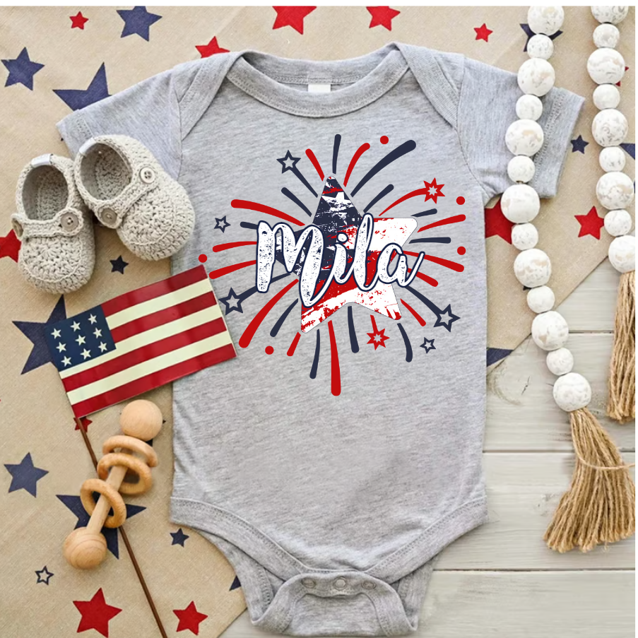 Custom Baby Name America Star Firework Onesie