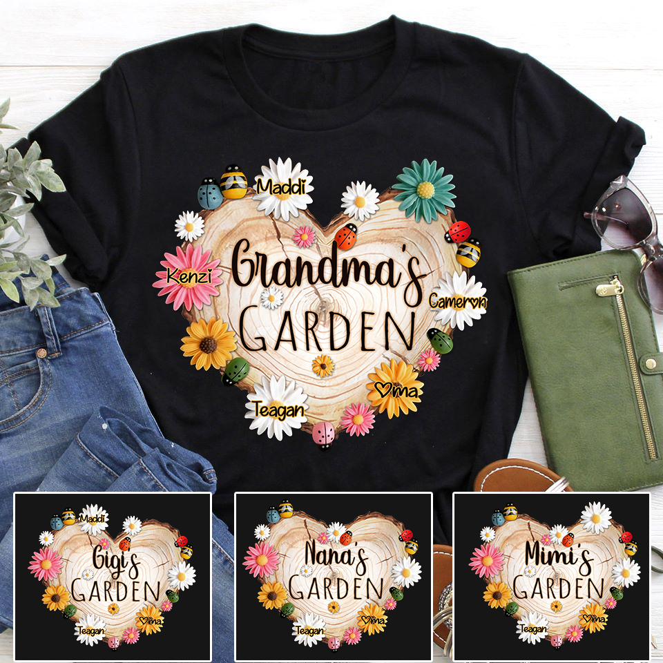 Personalized Grandma Garden Heart Flower Shirt, Custom Grandma With Grandkids Flower Wood Heart