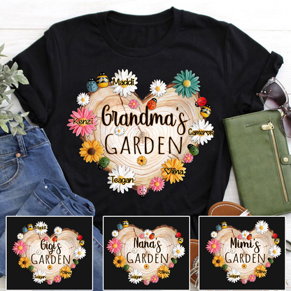 Personalized Grandma Garden Heart Flower Shirt, Custom Grandma With Grandkids Flower Wood Heart