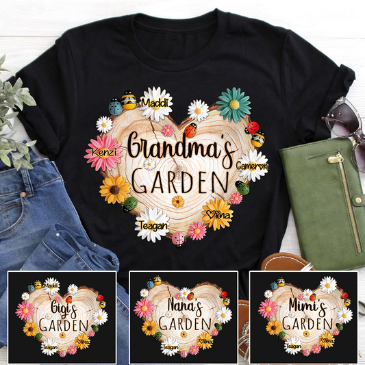 Personalized Grandma Garden Heart Flower Shirt, Custom Grandma With Grandkids Flower Wood Heart