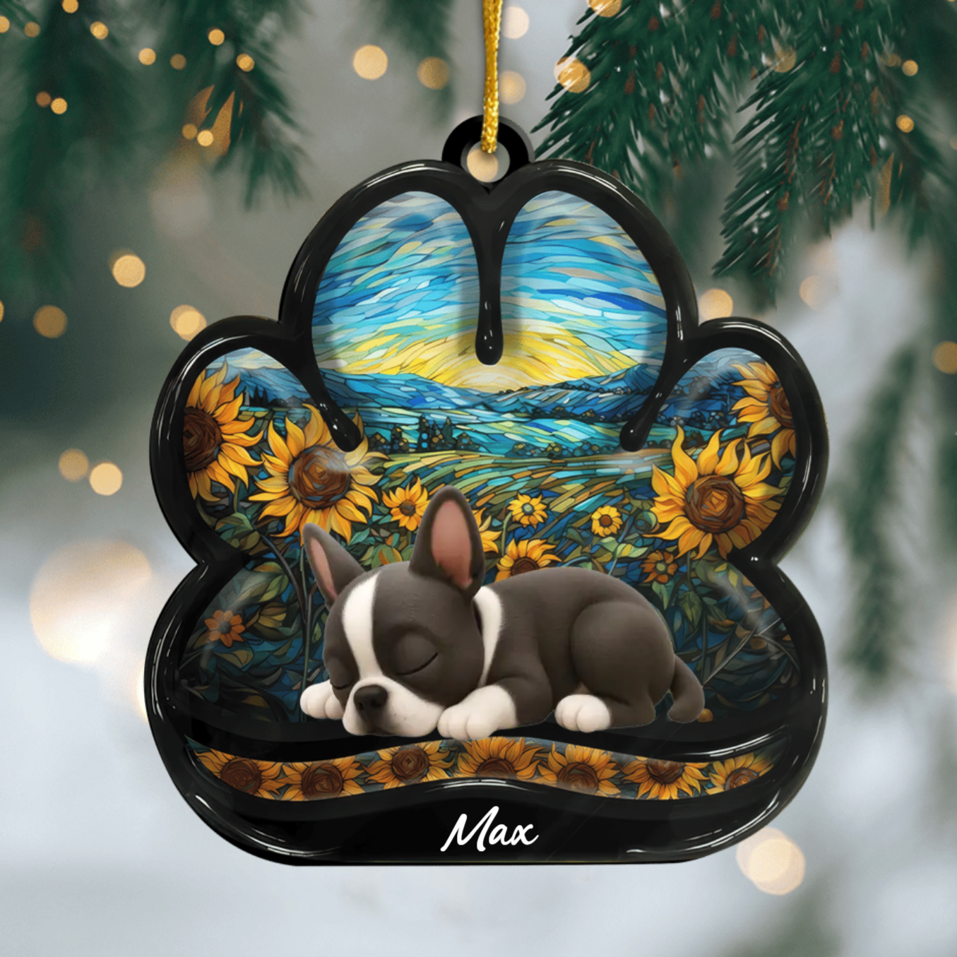 Custom Boston Terrier Pawprint Acrylic Ornament – Personalized Pet Memorial Keepsake for Christmas Ornament