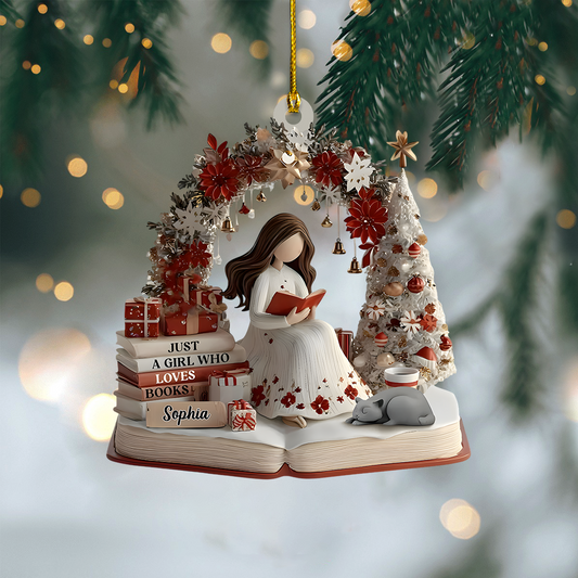 Personalized Book Lover Ornament – Custom Girl Reading Figure Christmas Decor for Readers Ornament
