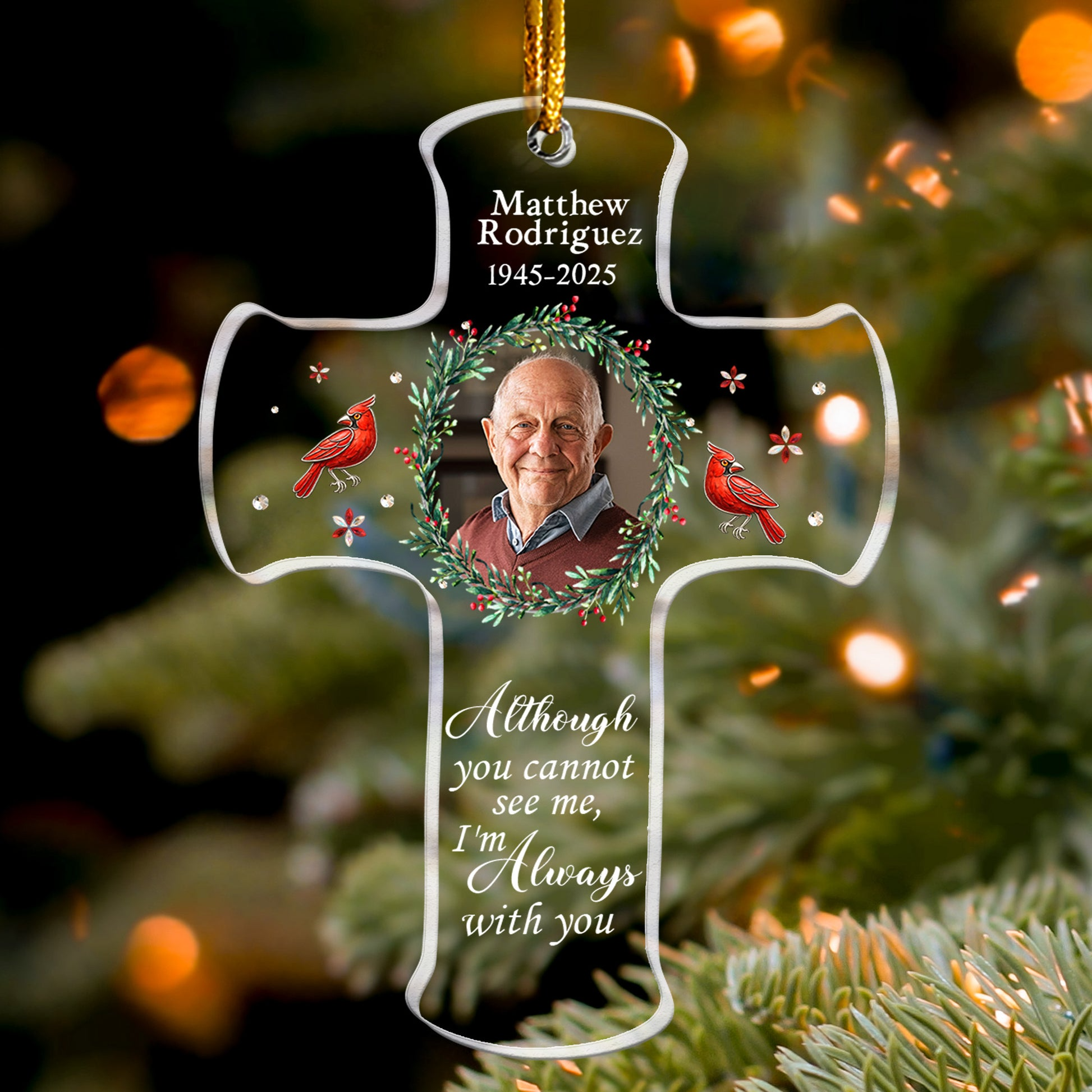 Personalized Memorial Cross Ornament – Custom Acrylic Photo Keepsake, “I’m Always With You” Christmas Decoration Ornament