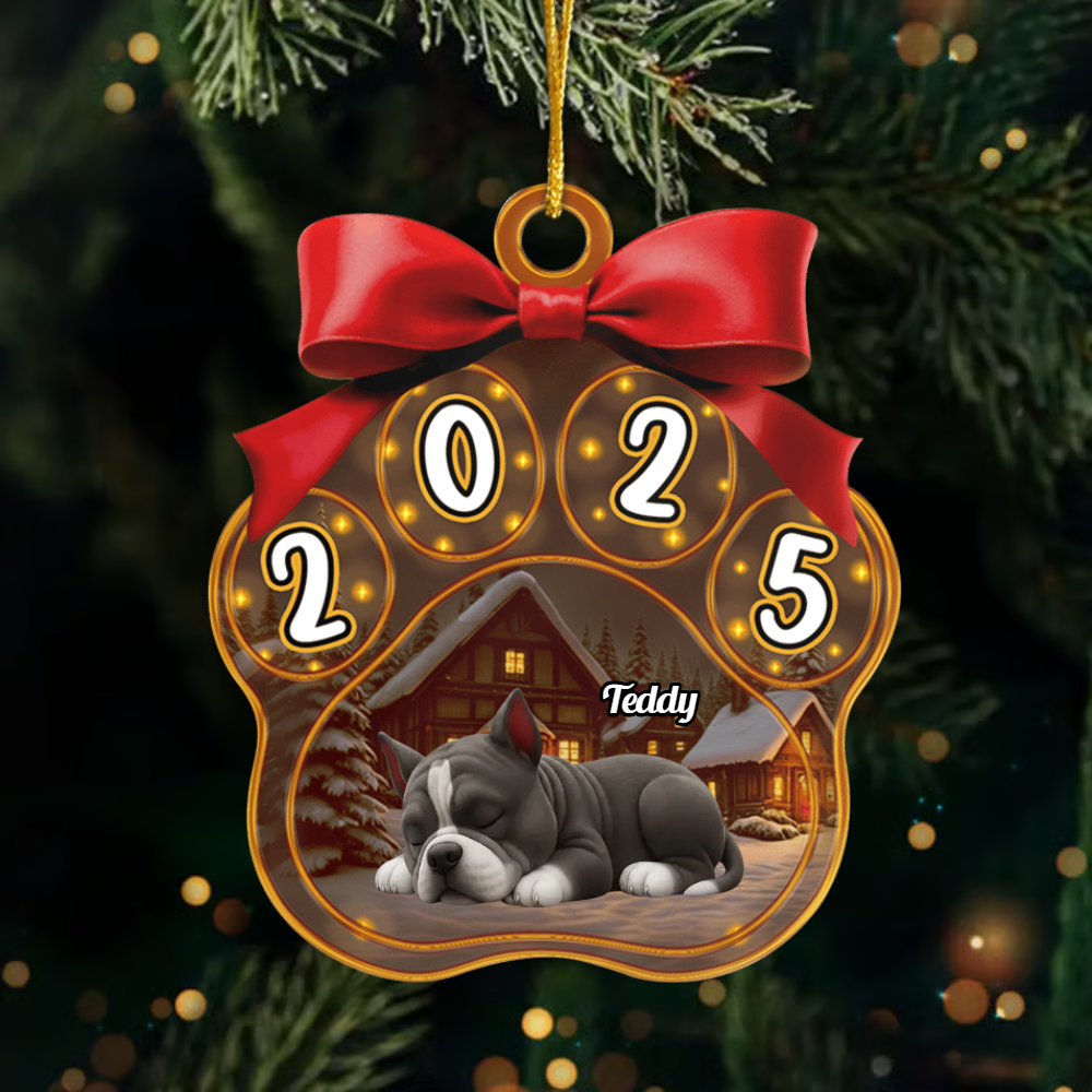 Custom Acrylic Dog Ornament – Sleeping Dogs on Pawprint Shape, Personalized Christmas Pet Gift Ornament