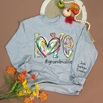 Love Grandma Life Color Clipart Custom Sweatshirt, Custom Grandmalife With Kids Names On Sleeve