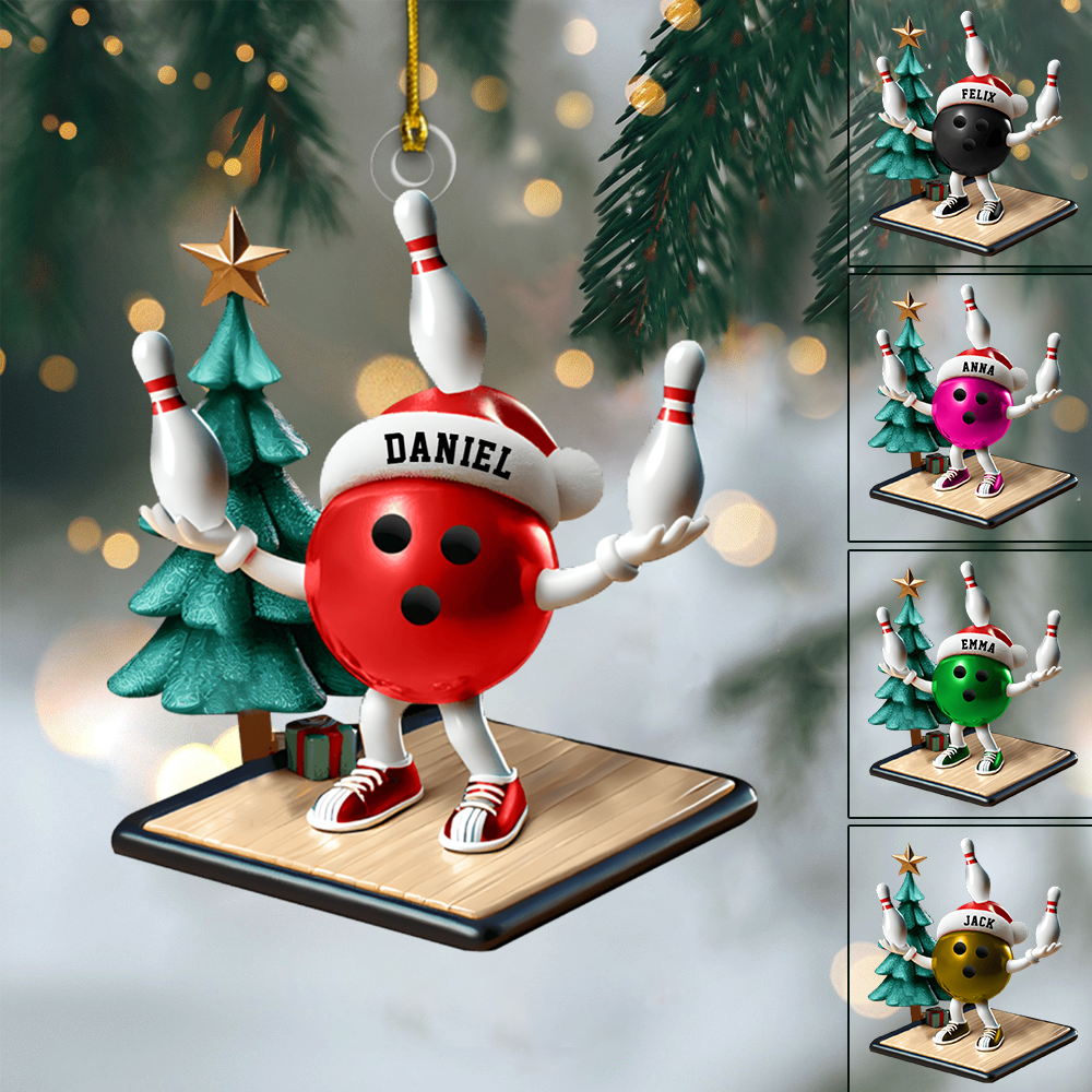 Personalized Bowling Ornament 2025 – Custom Bowling Ball Mascot with Name, Funny Bowler Gift Ornament