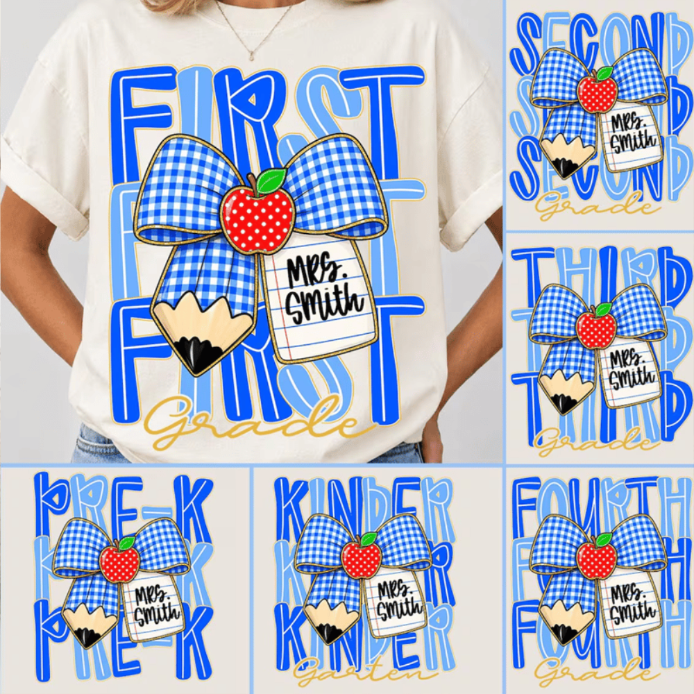 Preppy Back To School, Blue Gingham Pencil Bow, Custom Teacher Team,  Pre-K To Fourth Grade Team
