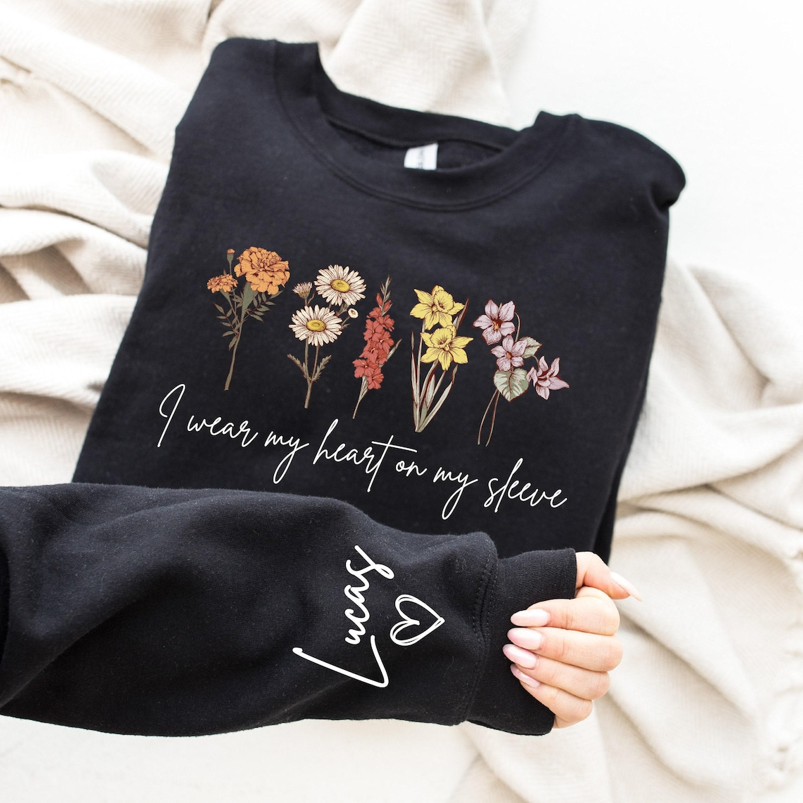 Personalized Flower Sweatshirt with Kids’ Names – I Wear My Heart on My Sleeve Custom Crewneck Sweatshirt