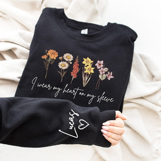 Personalized Flower Sweatshirt with Kids’ Names – I Wear My Heart on My Sleeve Custom Crewneck Sweatshirt