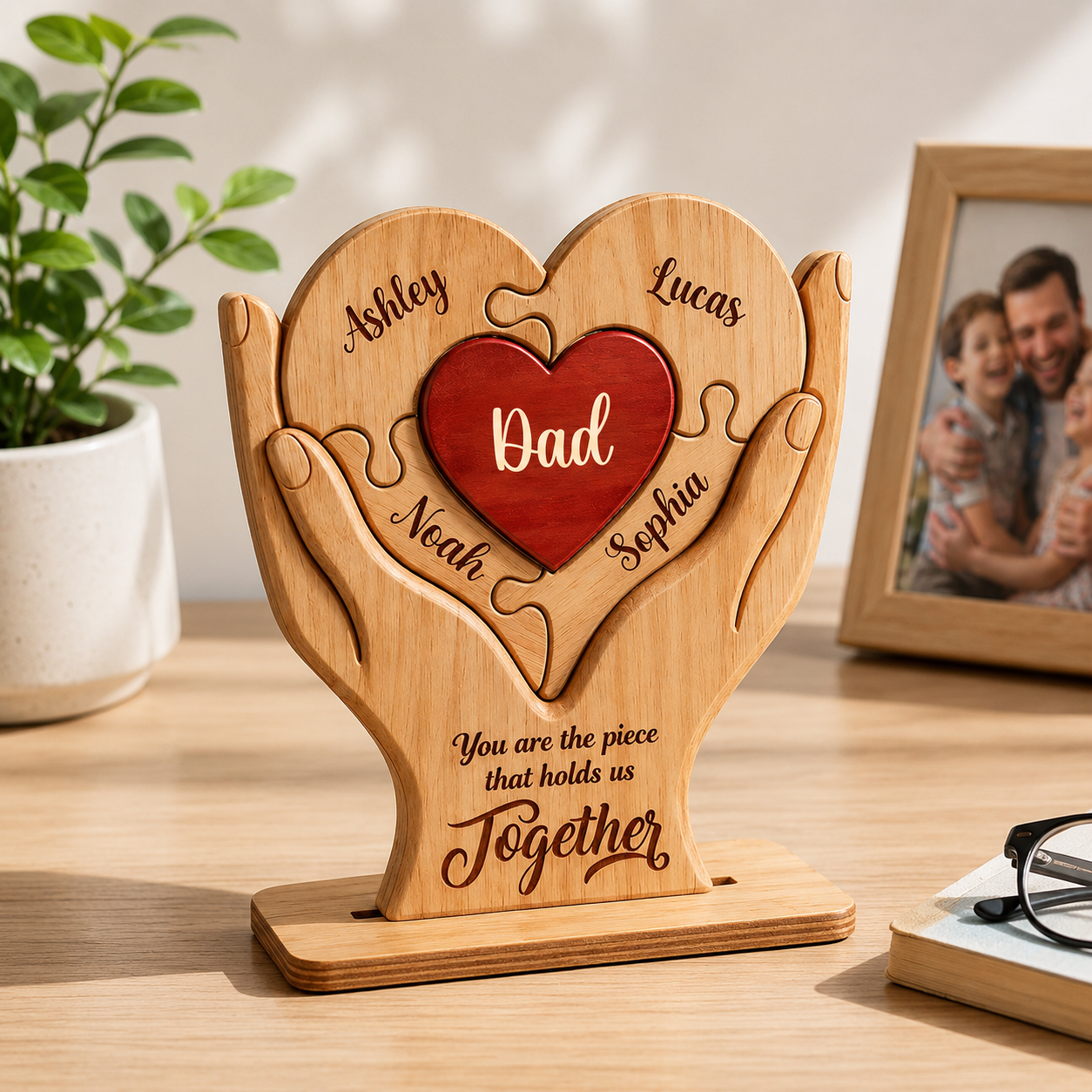 Personalized Wooden Puzzle Plaque for Dad – Custom Family Name Heart Sign, Father’s Day Gift from Kids 2-Layered Wooden Plaque