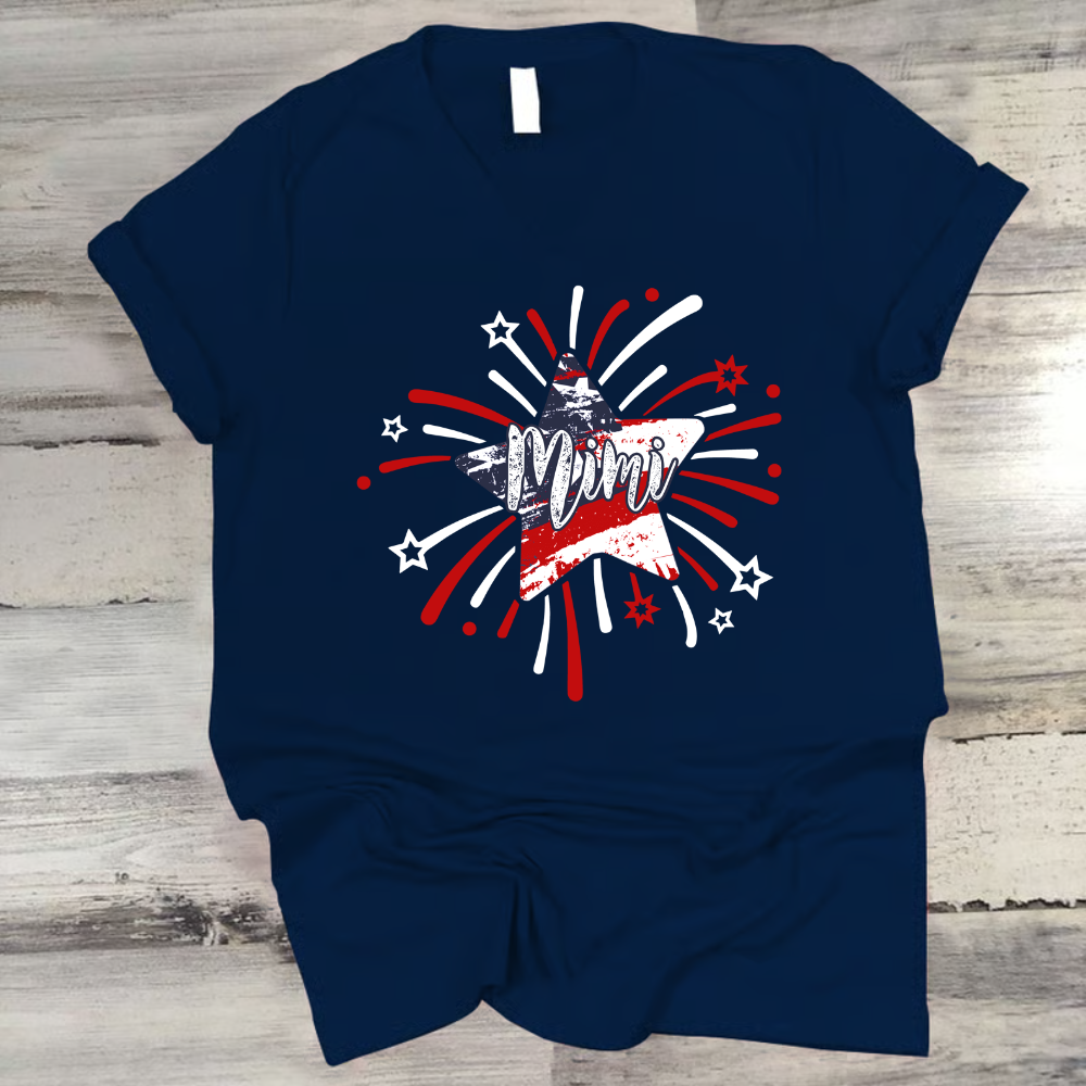 Personalized MIMI Fireworks America Flag Shirt – Custom Grandma Tee with Grandkids Names