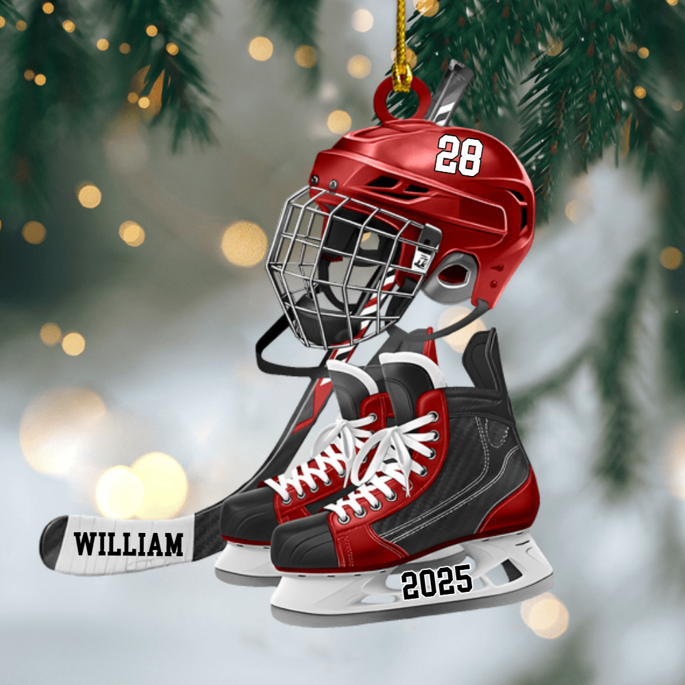 Personalized Hockey Helmet & Skates Ornament 2025, Custom Acrylic Decoration With Name And Number, Unique Christmas Gift For Hockey Players And Fans Ornament