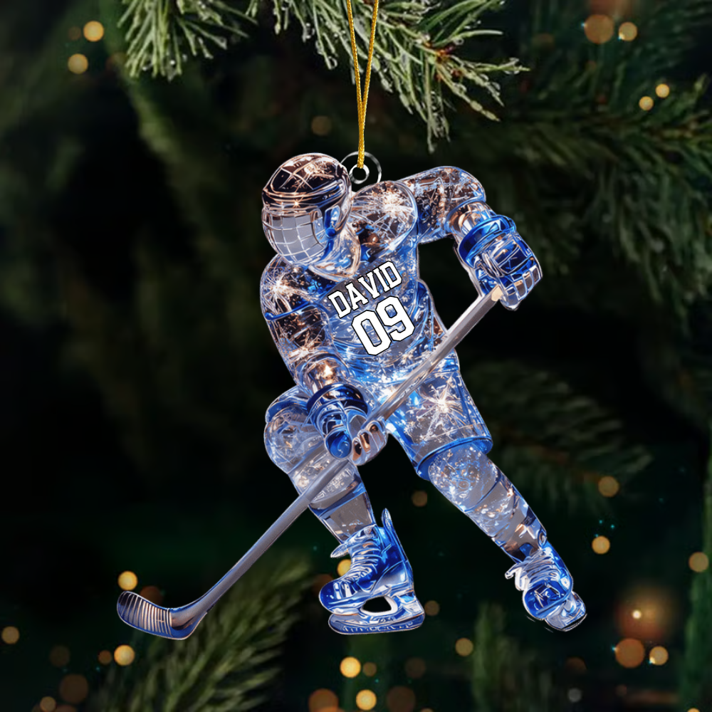 Sparkling Ice Hockey Player Acrylic Ornament – Personalized Hockey Decoration, Unique Custom Christmas Gift for Hockey Lovers Ornament