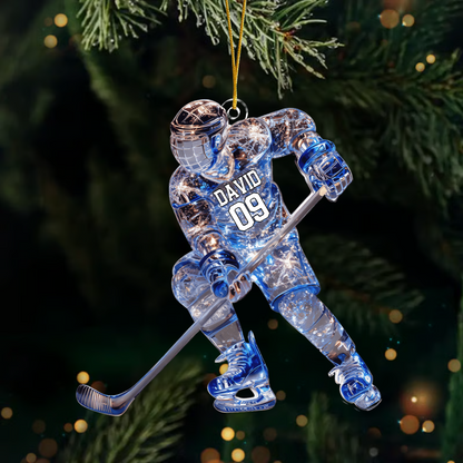Sparkling Ice Hockey Player Acrylic Ornament – Personalized Hockey Decoration, Unique Custom Christmas Gift for Hockey Lovers Ornament