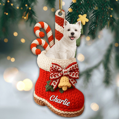 Personalized Dog In Christmas Shoes Ornament 2025, Custom Acrylic Decoration, Unique Holiday Gift For Dog Lovers Ornament
