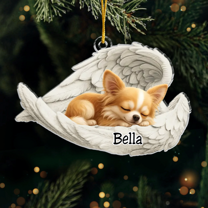 Custom Chihuahua Long Hair Dog Angel Dog Ornament – Personalized Sleeping Dog Christmas Gift for Dog Lovers, Pet Memorial Tree Decoration Ornament