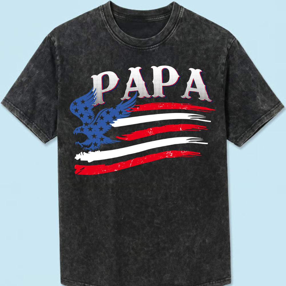 Personalized Papa and Grandkids with American Flag Eagle Mineral Wash T-Shirt