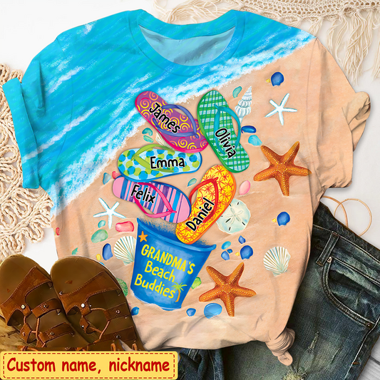 Grandma's Beach Buddies Summer Flip Flop, Custom Grandma & Kids TH 3D T-Shirts 3D T-Shirt