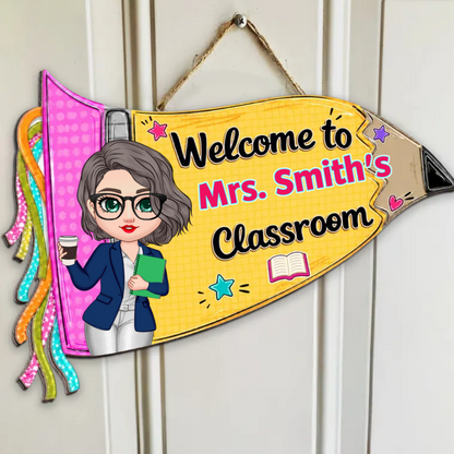 Pencil Pennant Flag Welcome To Teacher Classroom - Personalized Door Hanger
