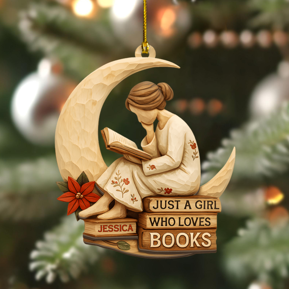 Personalized Book Lover Ornament – Custom Name Reading Girl on Moon Christmas Decoration 2025 Ornament