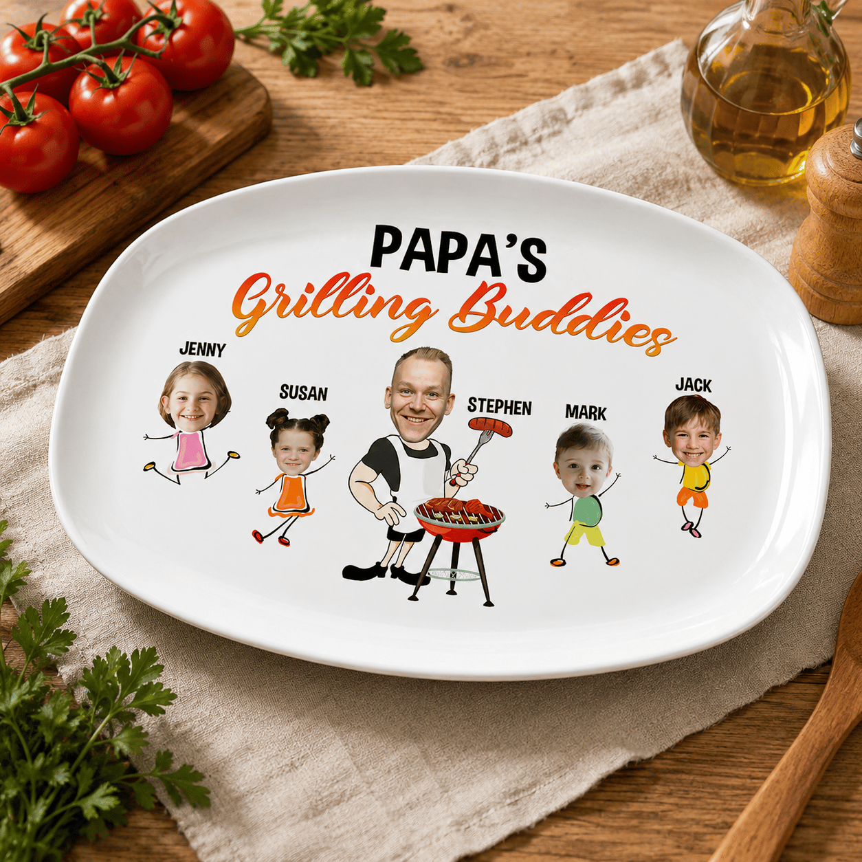 Custom Grilling Plate for Dad – Personalized BBQ Platter with Family Characters, Father’s Day Gift for Dad Grilling Plate