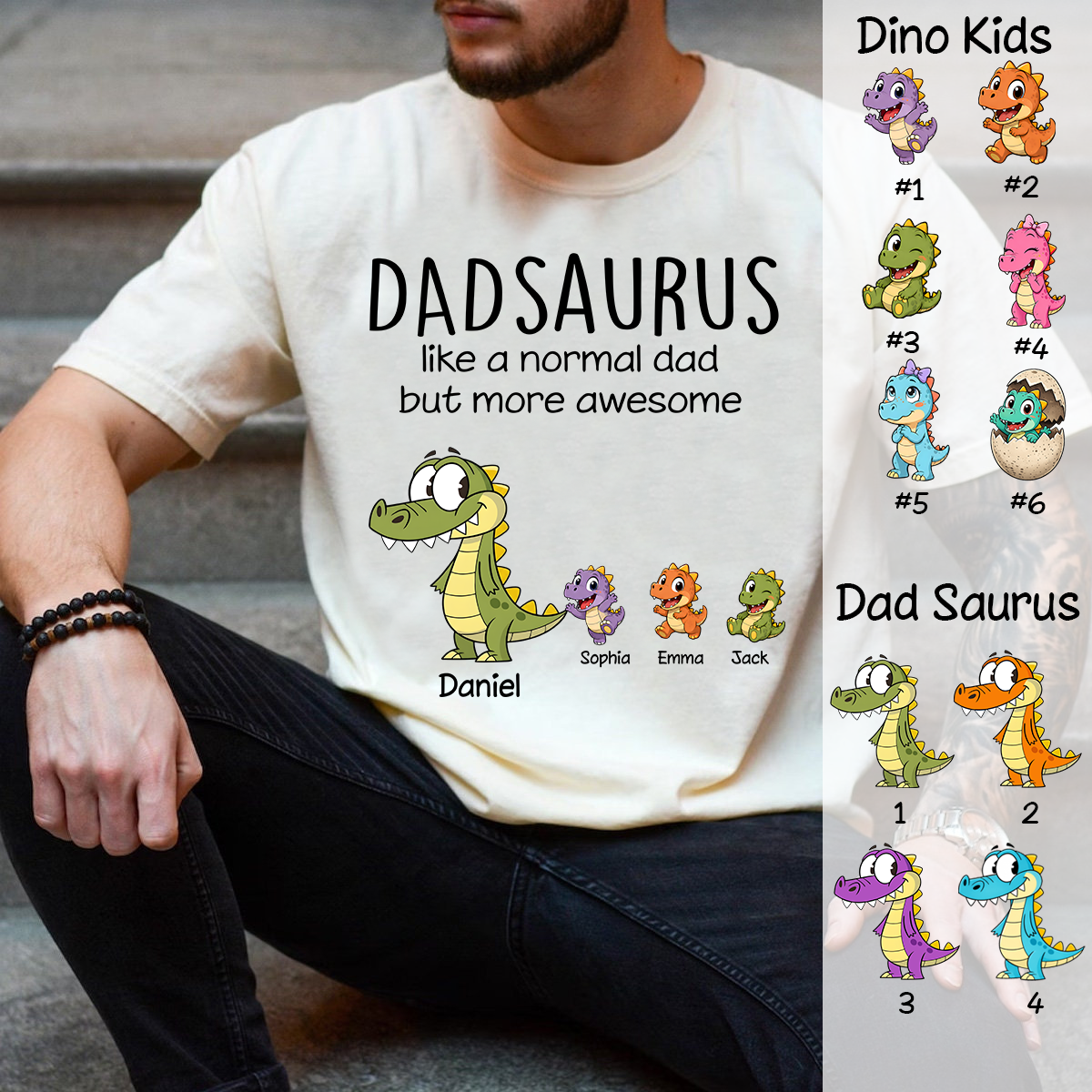 Personalized Dad Dinosaur Shirt with Custom Kids Names, Funny Grandpa Family T Shirt for Dad Daddy, Father's Day Birthday Gift