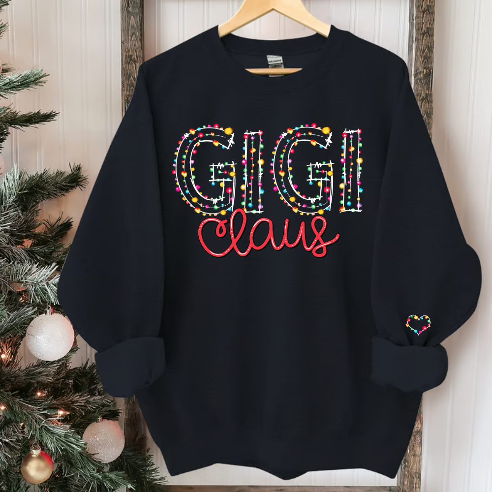 Personalized Gigi Claus Christmas lights And Grandkids Christmas Merry Sweatshirt