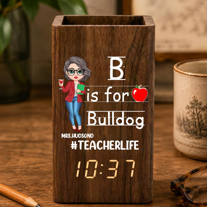 Custom Teacher Life Pen Holder With Clock, Personalized Classroom Desk Organizer, Back To School Teacher Gift Calendar Electronic Pen Holder