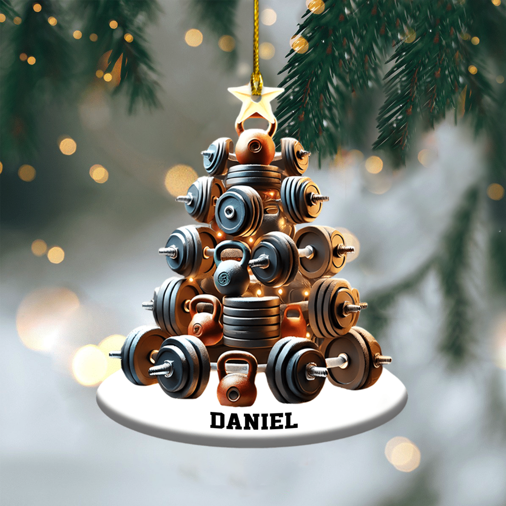 Personalized Gym Ornament 2025 – Custom Name Dumbbell Christmas Tree Ornament, Gift for Fitness Lovers Ornament