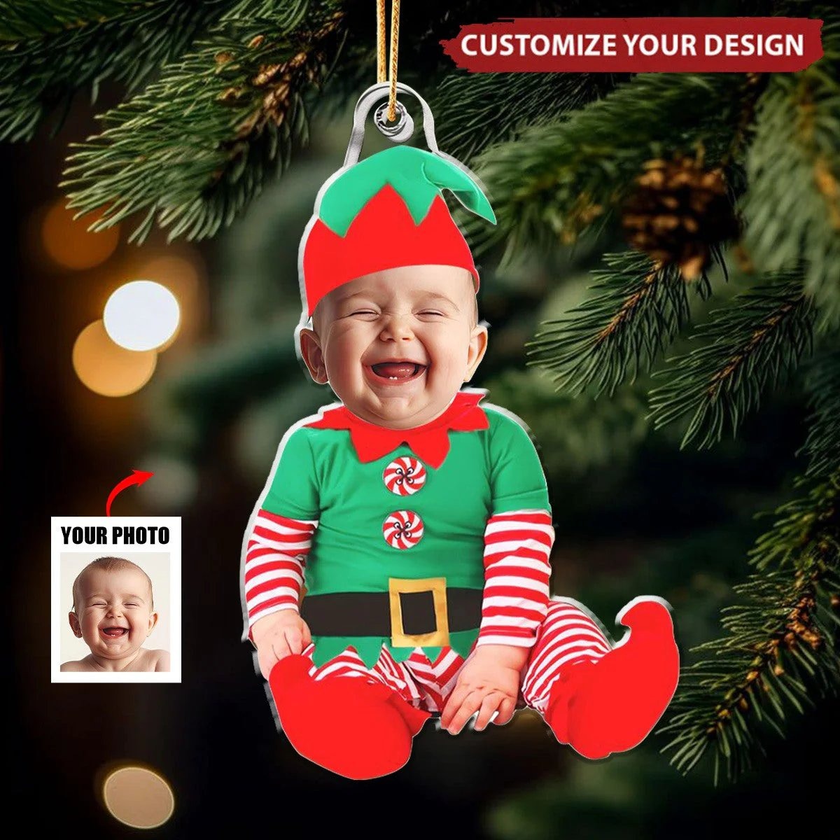 Personalized Baby Elf Ornament – Custom Face Christmas Ornament with Your Photo, Cute Baby’s 1st Christmas Gift 2025 Ornament
