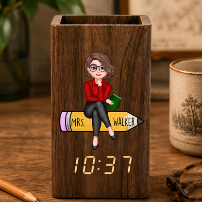 Personalized Teacher Desk Organizer With Clock, Custom Teacher Name Pen Holder, Appreciation Gift For Teachers Calendar Electronic Pen Holder