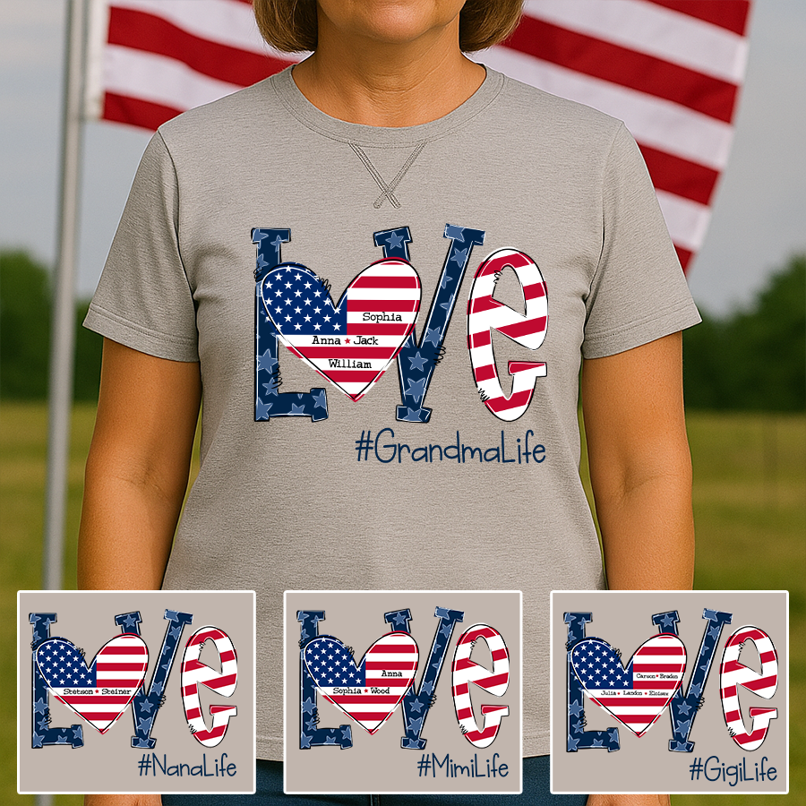 Love Grandma Life With Grandkids Names 4th Of July Flag Classic X-Stitch Tee