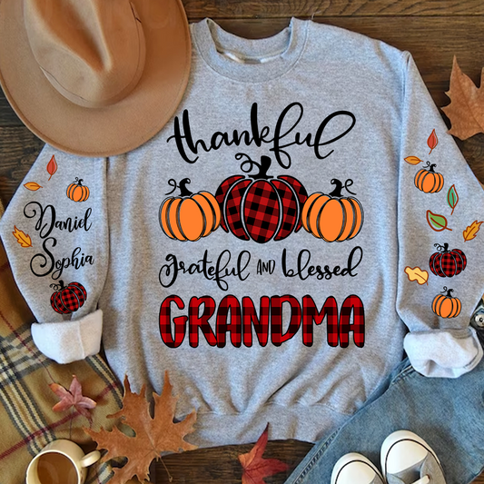 Pumpkin Thankful Grateful and Blessed Grandma with Kids Name on sleeve