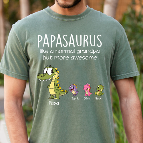 Personalized Papa Dinosaur Shirt with Custom Kids Names, Funny Grandpa Family T Shirt for Papa Grandfather, Father's Day Birthday Gift