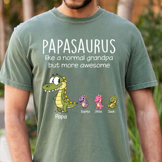 Personalized Papa Dinosaur Shirt with Custom Kids Names, Funny Grandpa Family T Shirt for Papa Grandfather, Father's Day Birthday Gift