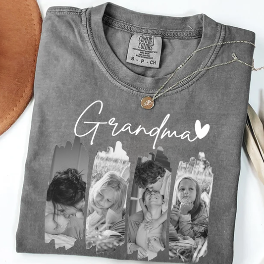 Custom Grandma Photo Shirt, Comfort Colors T Shirt for Grandma, Personalized Family Memories Tee, Soft Vintage Style Short Sleeve Top for Women