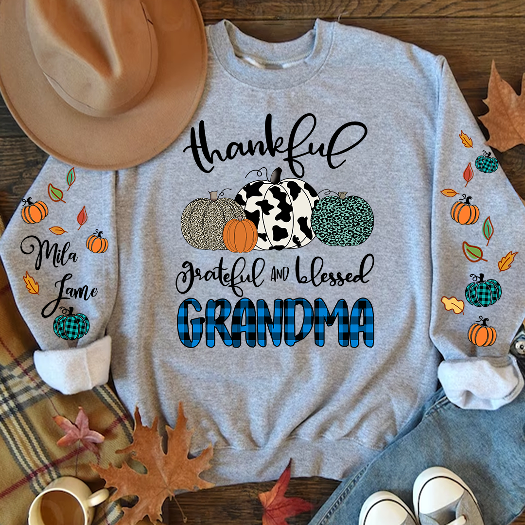 Pumpkin Thankful Grateful and Blessed Grandma with Kids Name on sleeve